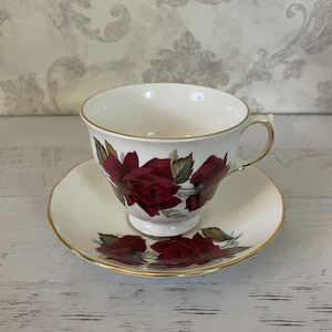 Royal Vale Bone China Teacup and Saucer: Dark Pink Roses, Ridgway Potteries England