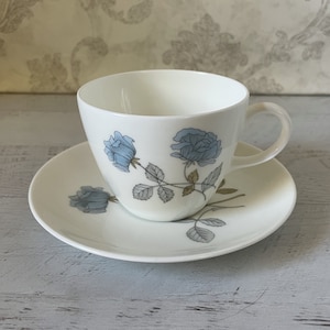 Wedgwood Ice Rose Tea Cup and Saucer, Light Blue Roses, Made in England