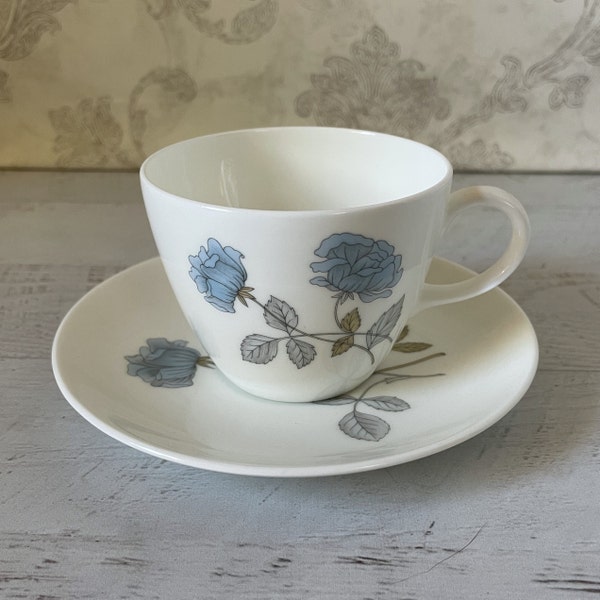 Wedgwood Ice Rose Tea Cup and Saucer, Light Blue Roses, Made in England