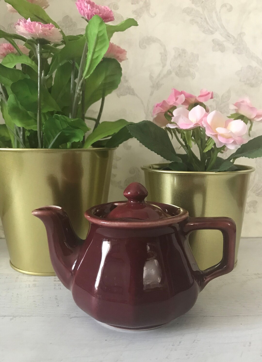 Vintage Hall China Bellevue Individual Teapot, Maroon, One Cup Locking