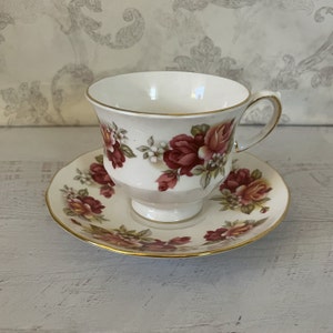 Vintage Queen Anne Tea Cup and Saucer: Pink Peach Roses, Ridgway Potteries England