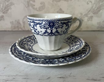 Vintage J&G Meakin Teacup Trio: Forum Pattern, English Blue Floral Ironstone