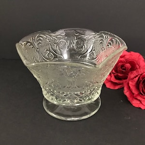 Duncan & Miller Glass Footed Bowl, Footed Compote, Sandwich Clear Pattern 41, Crimped Candy Dish