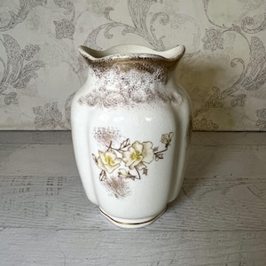 Antique Victorian Brush Holder Vase: T & R Boote Yellow Floral Gold Gilt