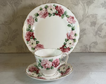 Vintage Crown Staffordshire Trinity Rose Tea Cup Trio: English Fine Bone China