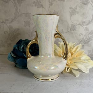 Vintage Pearl China Bud Vase, Pearl Iridescent with Gold Handles, USA
