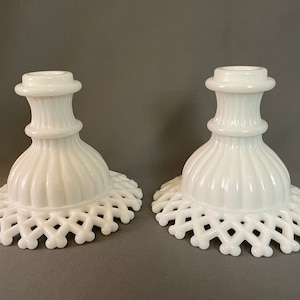 Westmoreland Lattice Edge Candlestick Holders, Set of 2 Vintage Milk Glass Candle Holders