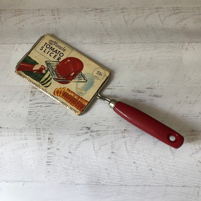 Miracle Tomato Slicer Vintage Ekco Tomato Slicer Farmhouse Decor Original Packaging Red Wood Handle