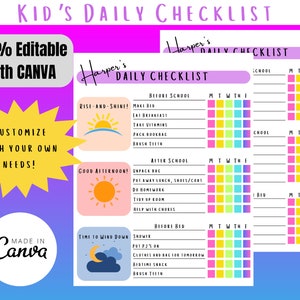 KIDS DAILY CHECKLIST! Editable Chore Chart/ Kids Tasks/ Kids Chores/ Printable Charts for Kids/ Instant Printable Edit Pdf