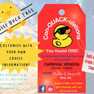 Con-QUACK-ulations! Editable CRUISE DUCK tags/ Duck Tags/ Carnival Cruise Theme/ Printable Tags for Ducks/ Instant/ Printable Edit Pdf