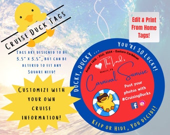 Może przedstawiać: Żółta kaczka z czerwonym sercem i tekstem "The Lord's Carnival Sunrise" na niebieskim i czerwonym kole. Tekst "You're So Lucky!" znajduje się na kole. Tekst "August 14th-21st, 2024 - Eastern Caribbean" znajduje się na kole. Tekst "Ducky, Ducky" znajduje się na kole. Tekst "Post your photos with #CruisingDucks" znajduje się na kole. Tekst "Keep or Hide, You Decide!" znajduje się na kole. Tekst "Cruise Duck Tags" znajduje się na obrazku. Tekst "Tags are designed to be 3.5" x 3.5", but can be altered to fit any square need!" znajduje się na obrazku. Tekst "Customize with your own cruise information!" znajduje się na obrazku. Tekst "Edit & Print From Home Tags!" znajduje się na obrazku.