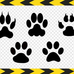 May include: Five black paw prints in different sizes and shapes. The paw prints are on a transparent background.