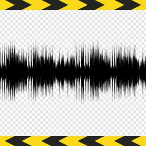以下が含まれることがあります： 透明な背景に黒い音波のグラフィック。音波は、高さが異なる一連の垂直線です。黄と黒のハザードストライプが画像の上部と下部にあります。
