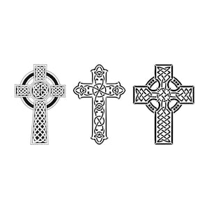 Puede incluir: Tres diseños de cruz celta negra con intrincados patrones de nudos. Las cruces están aisladas sobre un fondo blanco.
