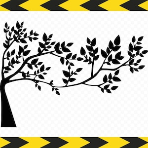 Op de afbeelding: Zwarte silhouet van een boom met takken die naar rechts reiken. De boom is geïsoleerd op een witte achtergrond.