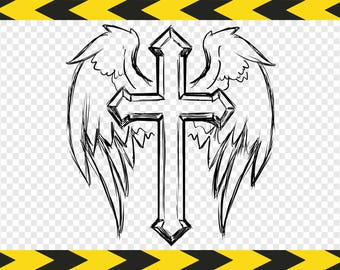 Cross with Angel wings Svg file Hand drawn clipart Printable art Christian Commercial use Dxf Pdf Png
