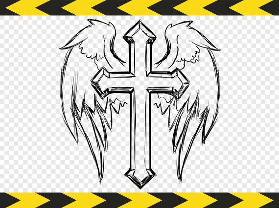 Download Cross With Angel Wings Svg File Hand Drawn Clipart Printable Etsy