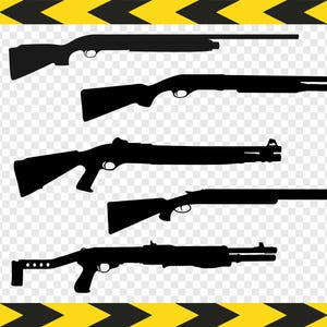 May include: Silhouette image of five black shotguns. Each shotgun has a distinct design, including variations in the stock, barrel length, and overall shape. The image is set against a transparent background with yellow and black hazard stripes.