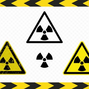 May include: Three yellow triangle warning signs with black radiation symbols. The signs are in different styles, one is a solid outline, one is a filled in sign, and one is a distressed sign.