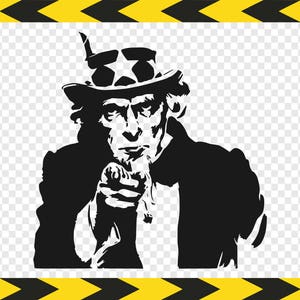May include: Black and white illustration of Uncle Sam pointing his finger at the viewer. He is wearing a hat with a star on it and a beard. The background is transparent.