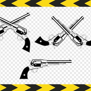 May include: Three black and white illustrations of revolvers. The first two are crossed, and the third is a single revolver.