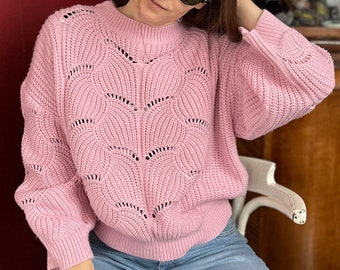 Vintage Knit Pullover Sweater Light Pink Womens Sweater Jumper Cozy Pink Womens Sweater Hipster Jumper Sweatshirt Size XL or Oversized