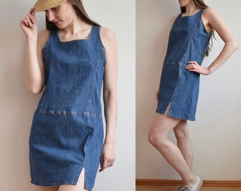 Vintage denim mini dress women Blue sarafan dress Mini dress for women Denim dress Womens jeans dress Summer dress Short dress Mini dress