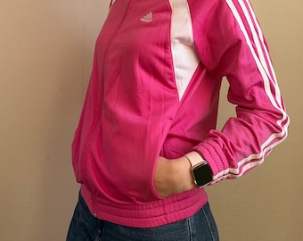 Pink Adidas Hoodie Women's Zip-up Sweatshirt Jacket With White