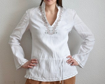 White Women's Linen Shirt, Vintage Linen Blouse, Boho Linen Blouse, Linen clothing, Embroidered Linen Shirt, Etno Linen Blouse