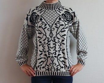 Vintage Ornamented Sweater Knit Pullover Sweater Black and White Womens Pullover Christmas Sweater Gift Ornamented  Vintage Sweatshirt