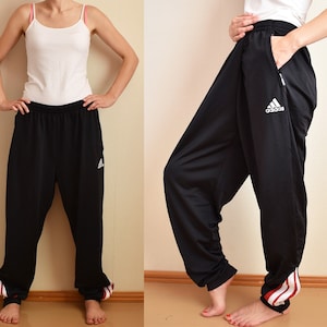 Vintage Adidas track pants, Black wide activewear, Black sports track pants, Workout pants, Retro sportswear, Size XL, 90s Streetwear