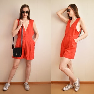 Vintage Orange Shorts Jumpsuit, Sexy Orange Jumpsuit, Orange Romper, Sleeveless Jumpsuit, 1990s, Playsuit Button Front One Piece