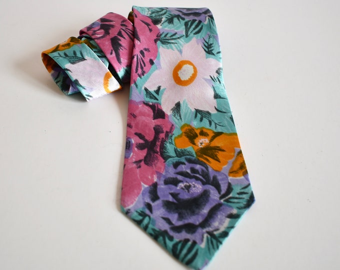 Green Tie Floral Print Pink Green Tie Silk Necktie Men Tie Etsy