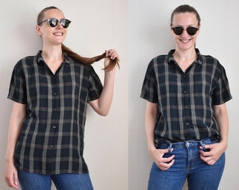 Vintage Women's Linen Shirt, Black Checked Linen Short Sleeves Shirt, Black Plaid Shirt, Womens Blouse, Plaid Oxford Shirt, Size EU 44