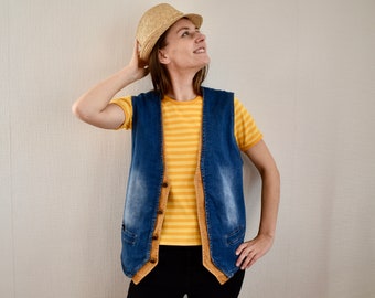 Vintage Denim Vest Blue Jeans Vest Yellow Details Vest Vintage Denim Street Style Vest Western Hippie Blue Jeans clothing