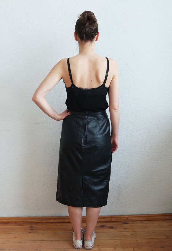 Vintage Black Real Leather Classic Woman Skirt Mi… - image 5