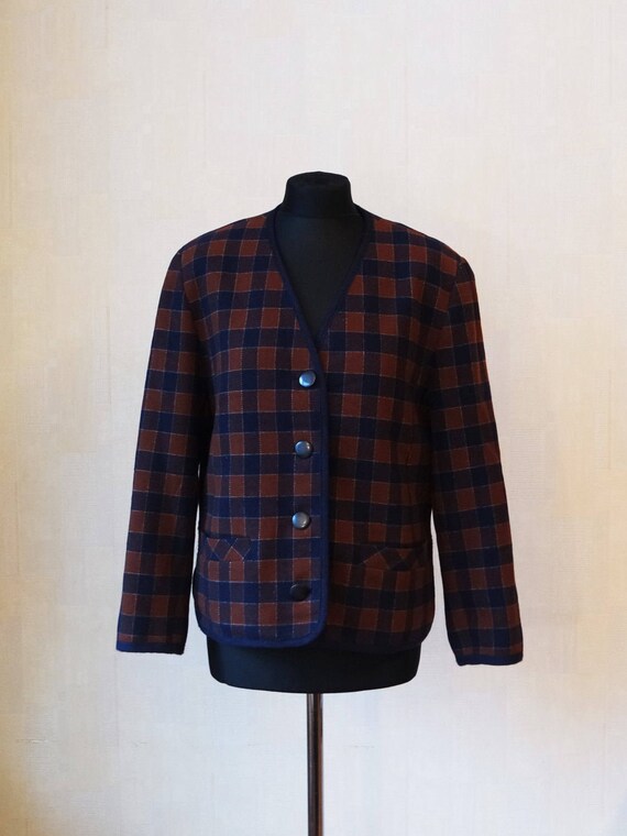 Vintage Wool Jacket Checkered Womens Brown Jacket Blue Blazer Etsy