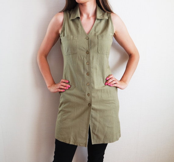 Vintage Khaki Button up Hip Blouse Top Size GB 8 Khaki Denim Cotton Top Sleeveless Shirt Top Khaki Shirt Vintage Denim Top Small Etsy