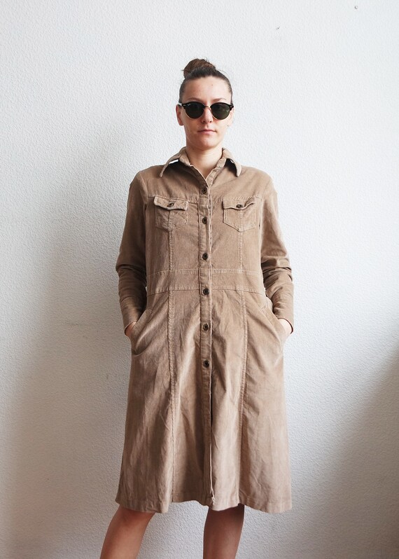 Vintage Corduroy Coat / Beige Velvet Trench Coat /