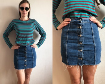 Vintage Blue Denim Mini Skirt, Button down Mini Skirt, Vintage Boho Denim Skirt, Retro Grunge Mini Jeans Skirt, Size 36 A line Jeans Skirt