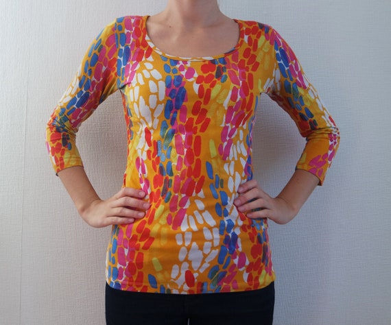MARIMEKKO Vintage Shirt Womens, Yellow Pink Blue M