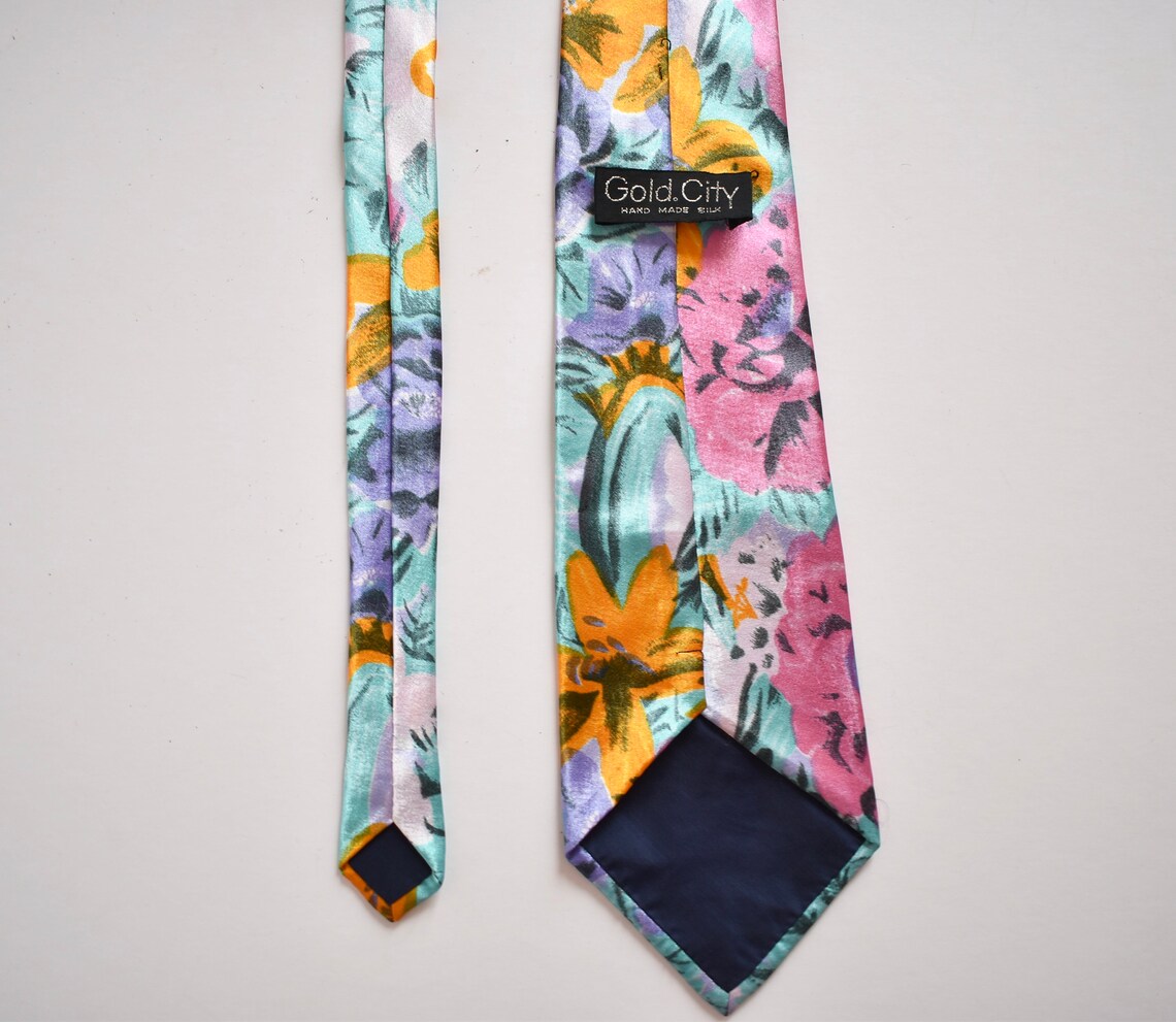 Green Tie Floral Print Pink Green Tie Silk Necktie Men Tie Etsy