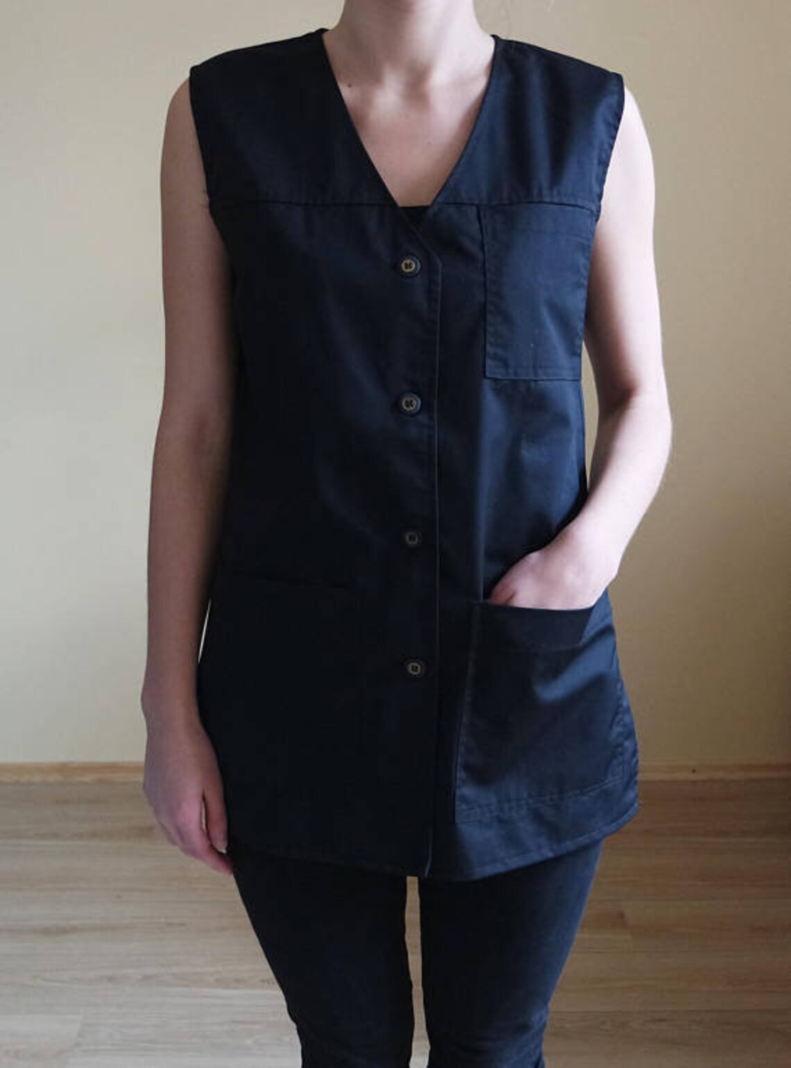 Vintage Womens Vest Black Classic With Buttoning at Front Long Black