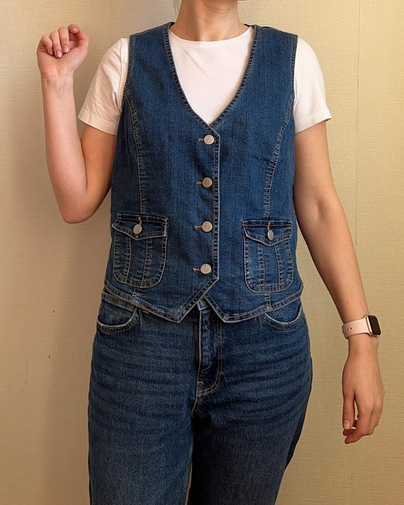 Vintage 80s 90s Denim Vest Blue Jeans Jacket Vintage Denim Sleeveless Vest Waistcoat Western Vest Size M Women's vest