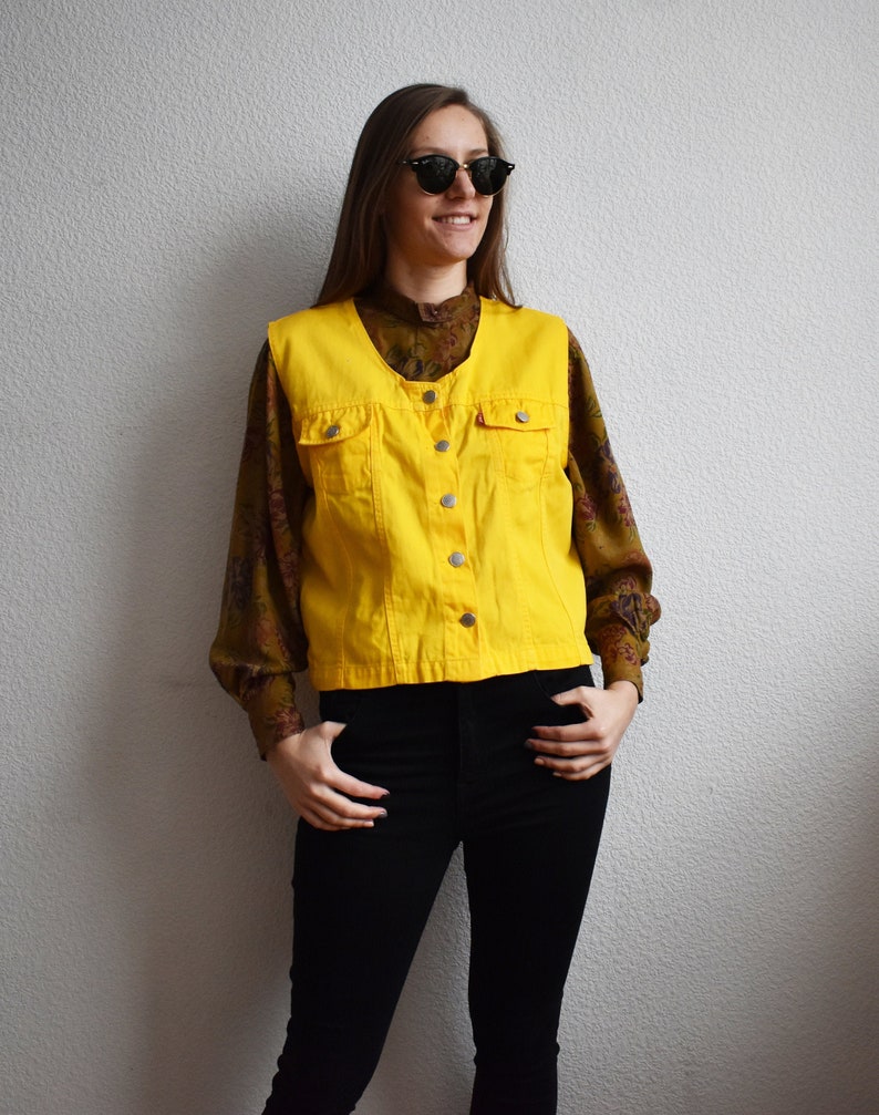 Vintage Yellow Denim Vest Jeans Jacket Vintage Denim Sleeveless Vest Waistcoat Western Vest Size L Hippie Hipster Vest