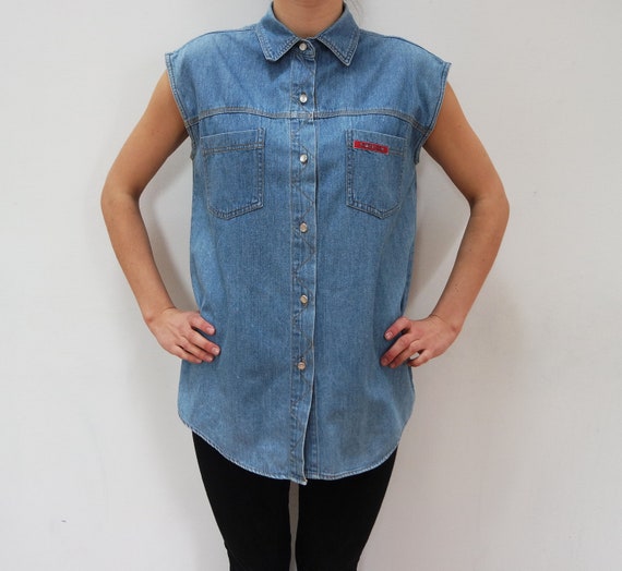 Vintage Denim Shirt Womens Blouse Shirt 80s Vintag