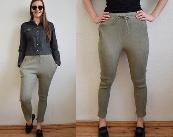 Womens Fitting Khaki Trousers Vintage Womens Pants Ankle Length Khaki Pants with Pockets Size EU38 / 40 Elastic Slim Fit Pants