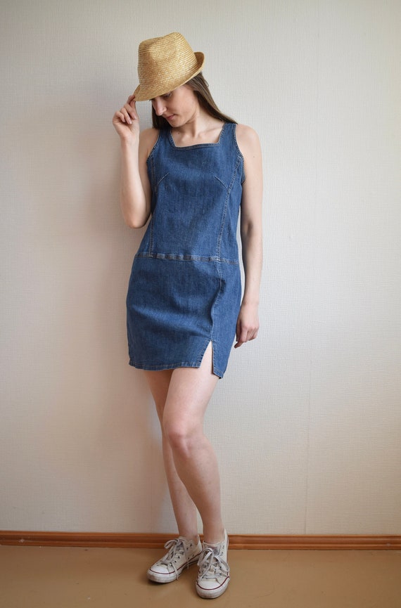blue jean sun dress V-NECK SHORT SLEEVE DENIM MINI DRESS main image 1