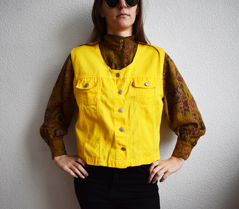 Vintage Yellow Denim Vest Jeans Jacket Vintage Denim Sleeveless Vest Waistcoat Western Vest Size L Hippie Hipster Vest