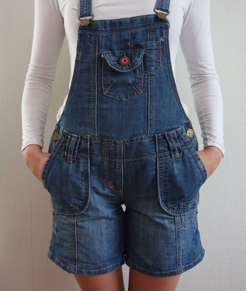 Vintage Blue Denim Overalls Jeans Jumpsuit Denim shortalls Medium size Womens Overalls Womens Denim Floral inside Size 8 UK